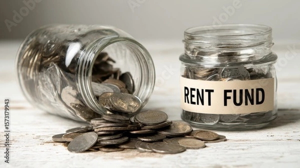 Fototapeta Notice of rent increase concept. A jar labeled "Rent Fund" with coins spilled around on a wooden surface.