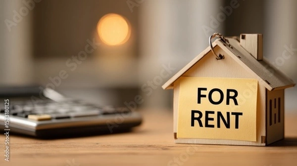Fototapeta Notice of rent increase concept. Miniature house with "For Rent" sign next to a calculator on a wooden surface.