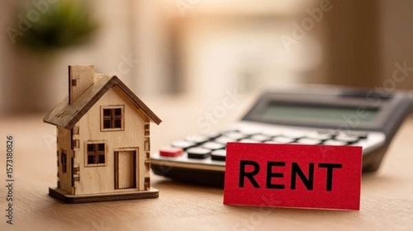 Fototapeta Notice of rent increase concept. Miniature house with a rent sign and calculator on a desk.