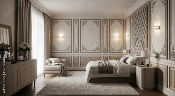 Fototapeta Luxurious bedroom interior design featuring classic wall paneling and elegant soft furnishings in