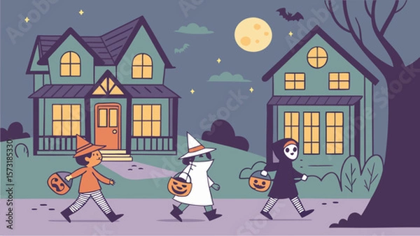 Obraz Illustration of children trick or treating in costumes with houses and a full moon in the background night scene