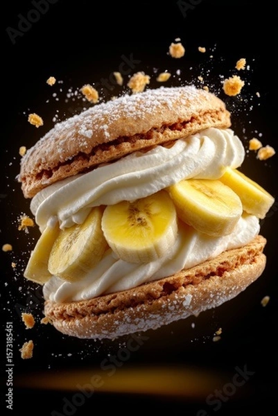 Obraz Tokyo banana topped with banana cream sponge cake, sliced bananas, powdered sugar, orange peels. Concept of Tokyo banana showcases decadent dessert details, vibrant presentation.