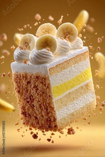 Obraz Slice of tokyo banana, banana cream sponge cake topped with white cream, sliced bananas. Concept of cozy, warm atmosphere highlighting tokyo banana indulgence.