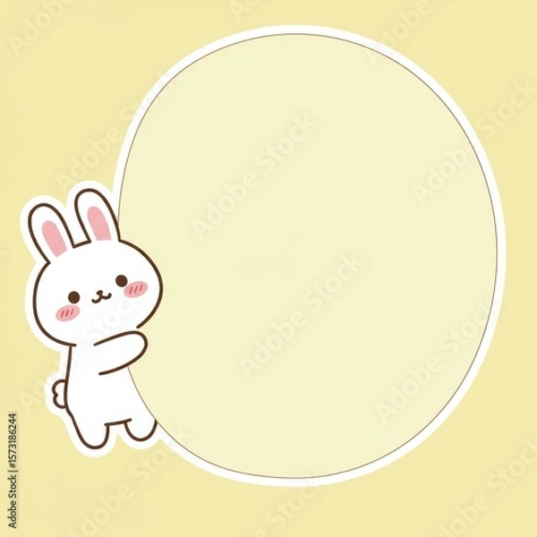 Fototapeta Cute bunny holding round frame or speech bubble for text or image. Decoration or information, directions in toy shops, kindergarten, nursery, primary schools. Mockup for children's goods or kids menu