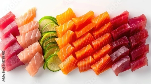 Fototapeta Colorful Arrangement of Sliced Fruits and Fresh Fish on a Bright White Background Creating a Vibrant Culinary Display