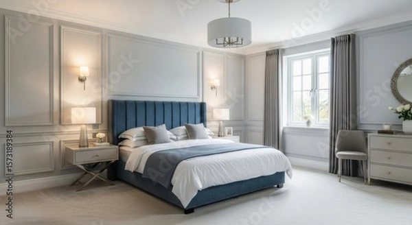 Fototapeta Elegant modern bedroom with blue upholstered bed gray walls and natural light from window