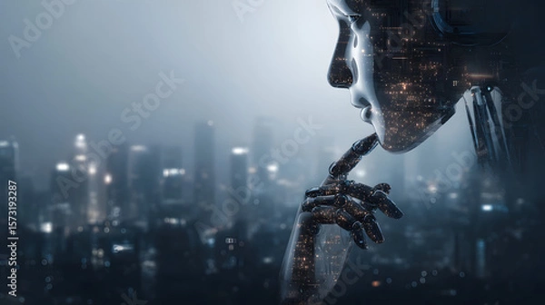 Fototapeta A digital art piece of an AI humanoid figure half-submerged in a futuristic liquid pool, blending advanced technology with surreal aesthetics, symbolizing the fusion of artificial intelligence and hum
