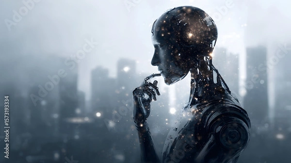 Fototapeta A digital art piece of an AI humanoid figure half-submerged in a futuristic liquid pool, blending advanced technology with surreal aesthetics, symbolizing the fusion of artificial intelligence and hum
