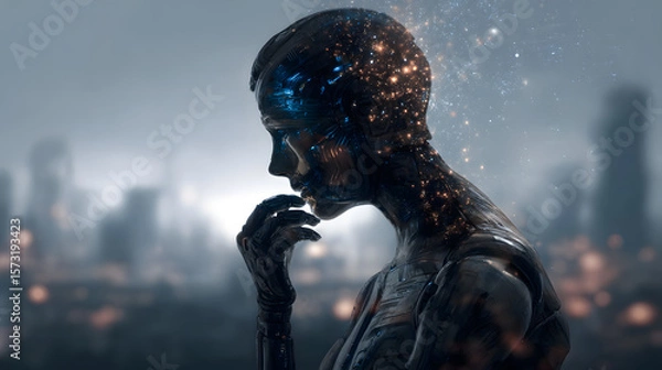 Fototapeta A digital art piece of an AI humanoid figure half-submerged in a futuristic liquid pool, blending advanced technology with surreal aesthetics, symbolizing the fusion of artificial intelligence and hum