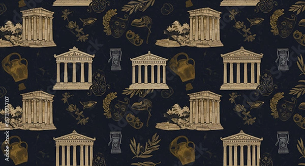 Obraz Ancient Greek Pattern with Temple and Vase