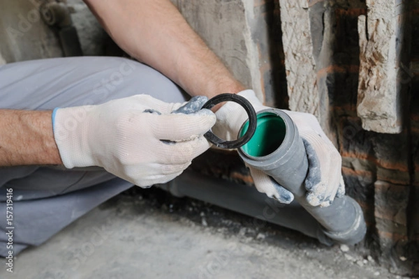 Obraz Worker's hands are installing sewer pipes.