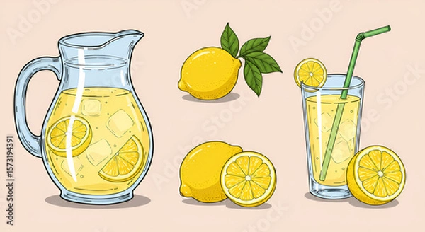 Obraz Fresh Lemonade Illustration with Lemons and Ice