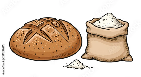 Obraz Loaf of Bread and Sack of Flour Illustration