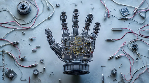 Fototapeta A top-down view of an intricately designed robotic structure with exposed circuits and mechanical parts, showcasing advanced engineering, cyber aesthetics, and futuristic technology in a clean studio 