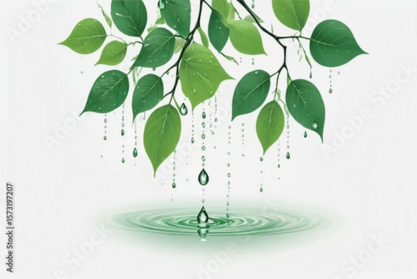 Fototapeta green branch and leafs with water drops,