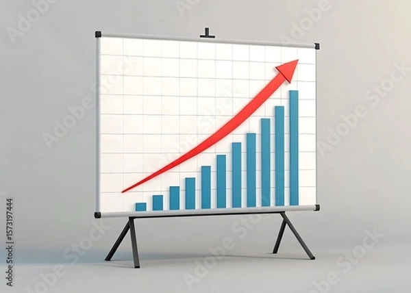 Fototapeta A dynamic red arrow ascends across a bar graph on a presentation easel, symbolizing business growth and financial success in a clear and concise visual