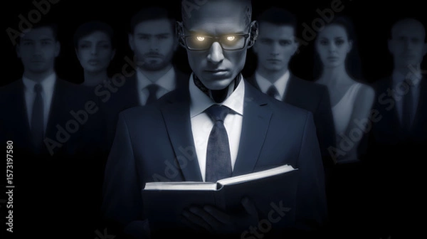 Fototapeta A futuristic robot in business attire with glowing blue eyes, blending corporate professionalism with advanced AI aesthetics, symbolizing the integration of artificial intelligence into modern busines