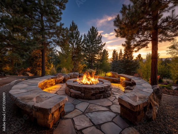 Obraz Beautiful backyard fire pit at sunset