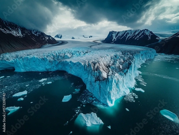 Fototapeta Aerial view of massive icebergs floating in crystal-clear turquoise water, set against a frozen white landscape under a brooding sky — showcasing the majestic, untouched beauty of the Arctic.

