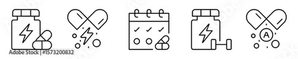 Fototapeta Conjunto de iconos de suplementos y vitaminas. Micronutrientes para la salud. Suplemento energético, cápsula, consumo diario, apoyo deportivo y vitamina específica. Ilustración vectorial