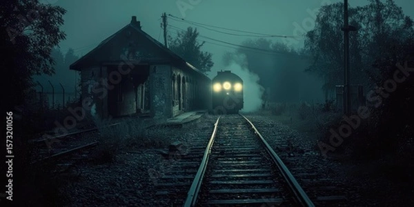 Fototapeta Ghost train arriving at a forgotten midnight station