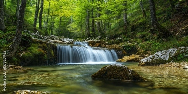 Fototapeta A waterfall flowing gently through a serene forest glade