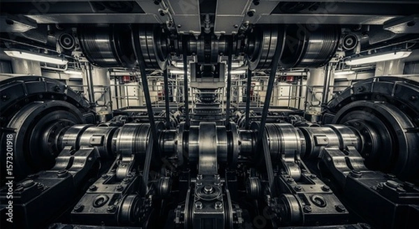Obraz Ship's Engine Room: Multiple Pistons & Moving Belts Under Dim Light