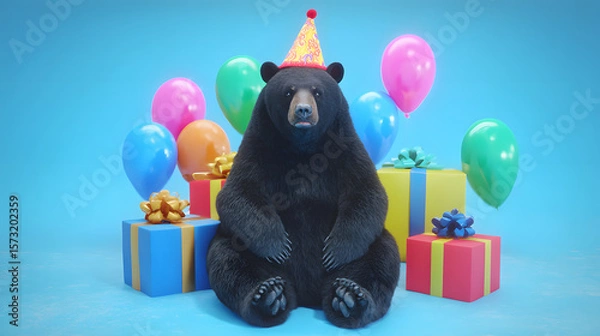 Fototapeta A black bear wearing a birthday hat sitting in front of many colorful wrapped presents, creating a cute and humorous scene perfect for children’s celebrations and whimsical designs.

