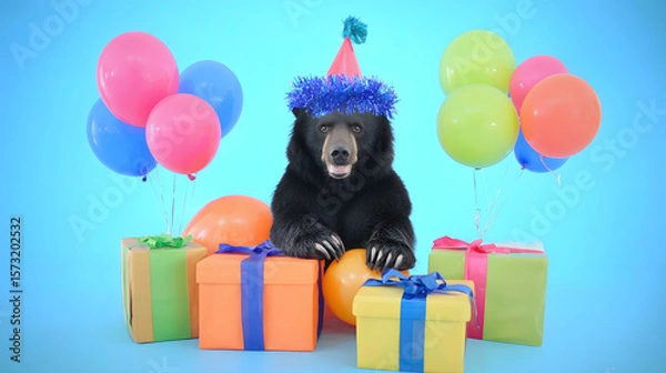 Fototapeta A black bear wearing a birthday hat sitting in front of many colorful wrapped presents, creating a cute and humorous scene perfect for children’s celebrations and whimsical designs.
