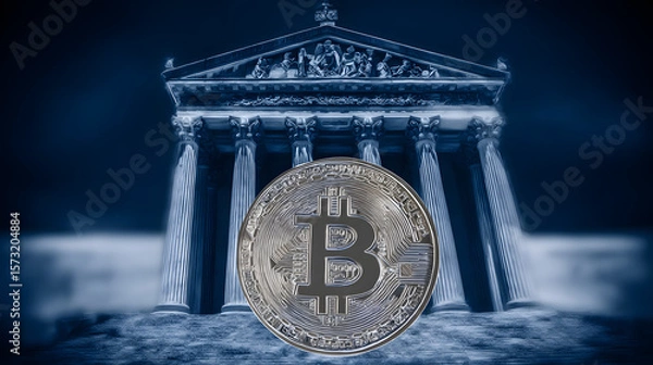 Fototapeta A dark blue background featuring the Bitcoin logo in front of a futuristic digital grid, symbolizing blockchain technology, cryptocurrency innovation, and modern financial systems.
