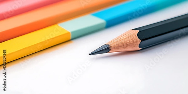 Fototapeta Colorful pencils and black pencil. A spectrum of bright pencils sits behind a single black pencil. The black pencil is in focus.