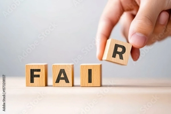 Fototapeta A hand is placing a letter 'R' onto wooden blocks that spell out the word 'FAIR,' symbolizing fairness and equity in various contexts such as business and personal interactions.