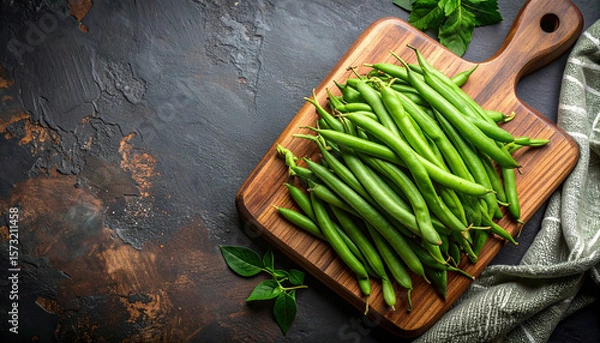 Obraz Fresh green beans resting on a wooden cutting board, creating a vibrant and healthy culinary scene