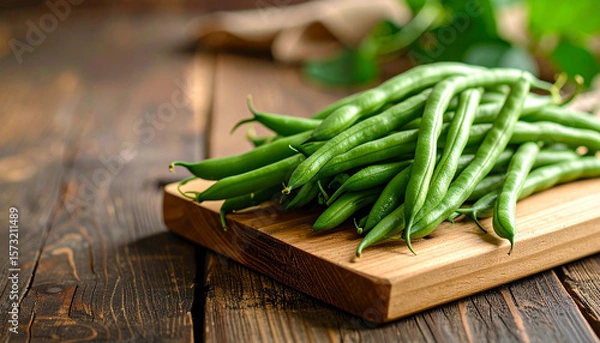 Obraz Fresh green beans resting on a wooden cutting board in a rustic kitchen setting