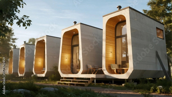 Fototapeta Row of modern, minimalist prefabricated cabins with unique rounded doorways nestled in a grassy, wooded area.