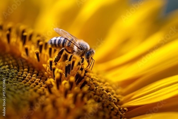 Fototapeta Detailed macro shot of a honeybee collecting pollen from the center of a vibrant yellow sunflower