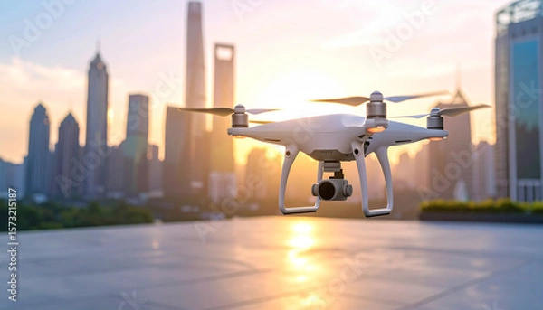 Obraz Drone flying over Shanghai at sunset