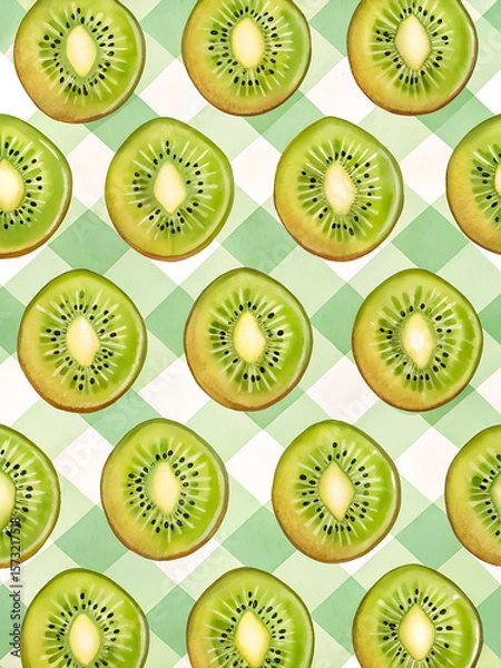 Fototapeta Watercolor Seamless Repeating pattern of vibrant kiwi fruits with check and polka dots Background for Notebook Cover Textile Clothes Print.