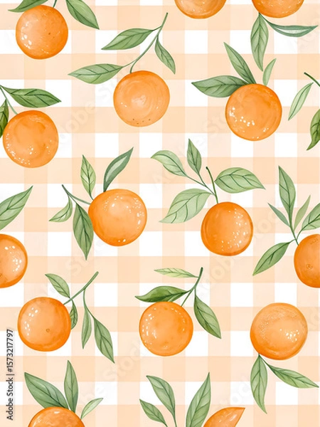 Fototapeta Watercolor Seamless Repeating pattern of vibrant oranges with check and polka dots Background for Notebook Cover Textile Clothes Print.