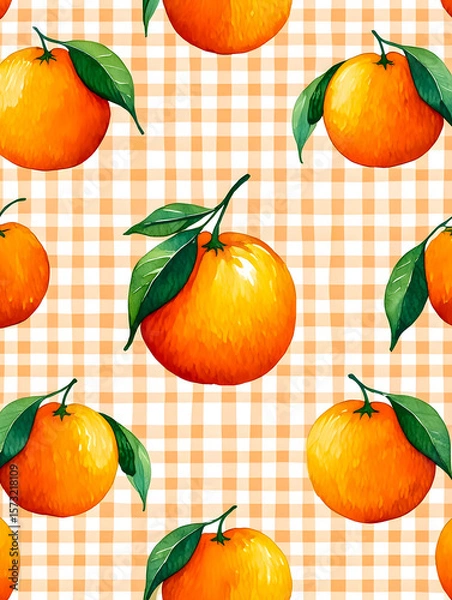 Fototapeta Watercolor Seamless Repeating pattern of vibrant oranges with check and polka dots Background for Notebook Cover Textile Clothes Print.