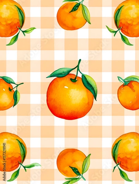 Fototapeta Watercolor Seamless Repeating pattern of vibrant oranges with check and polka dots Background for Notebook Cover Textile Clothes Print.