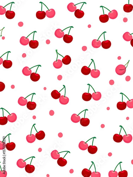 Fototapeta Watercolor Seamless Repeating pattern of vibrant red cherries with green stems and pink polka dots Background for Notebook Cover Textile Clothes Print.