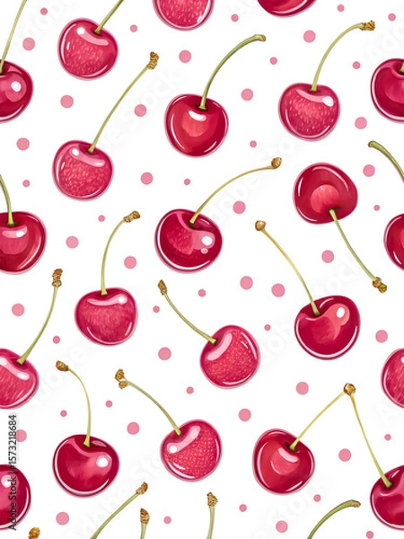 Fototapeta Watercolor Seamless Repeating pattern of vibrant red cherries with green stems and pink polka dots Background for Notebook Cover Textile Clothes Print.