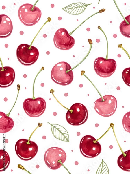 Fototapeta Watercolor Seamless Repeating pattern of vibrant red cherries with green stems and pink polka dots Background for Notebook Cover Textile Clothes Print.