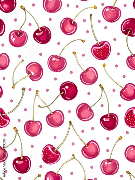 Fototapeta Watercolor Seamless Repeating pattern of vibrant red cherries with green stems and pink polka dots Background for Notebook Cover Textile Clothes Print.
