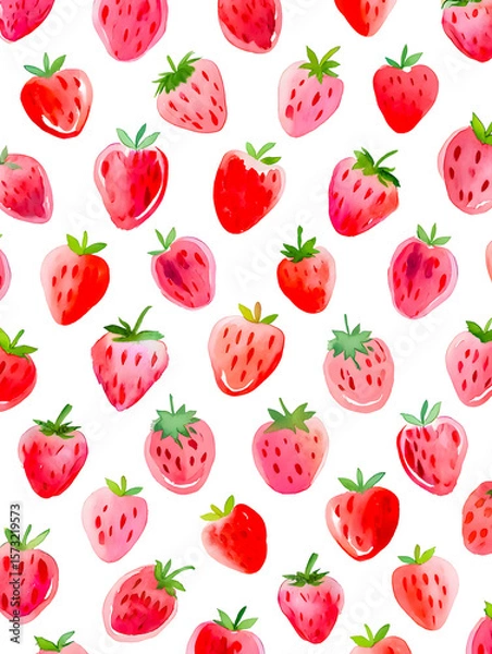 Fototapeta Watercolor Seamless Repeating pattern of vibrant strawberries with check and polka dots Background for Notebook Cover Textile Clothes Print.