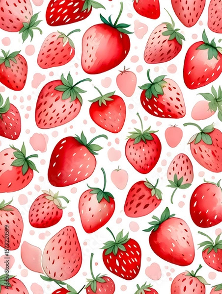 Fototapeta Watercolor Seamless Repeating pattern of vibrant strawberries with check and polka dots Background for Notebook Cover Textile Clothes Print.