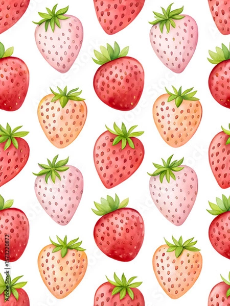 Fototapeta Watercolor Seamless Repeating pattern of vibrant strawberries with check and polka dots Background for Notebook Cover Textile Clothes Print.