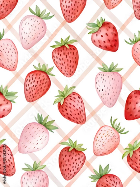 Fototapeta Watercolor Seamless Repeating pattern of vibrant strawberries with check and polka dots Background for Notebook Cover Textile Clothes Print.