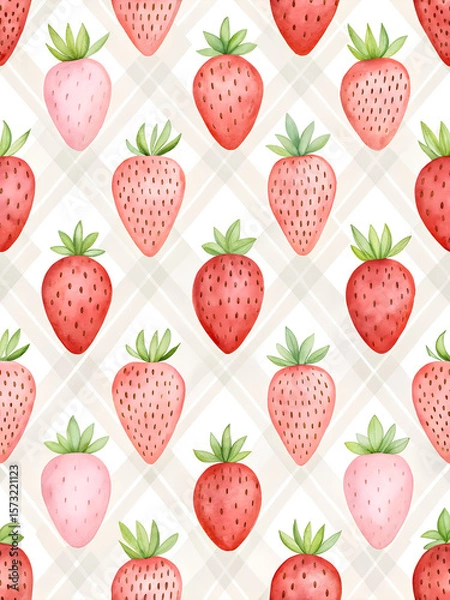 Fototapeta Watercolor Seamless Repeating pattern of vibrant strawberries with check and polka dots Background for Notebook Cover Textile Clothes Print.